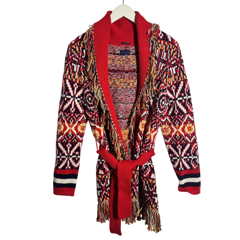 Mother Denim The Don't Sweat It Cardigan Red Geometric Fringe Wrap Sweater M